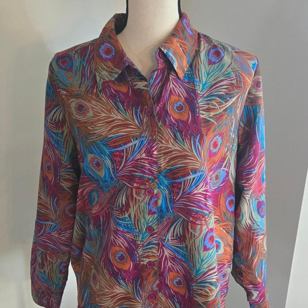 vintage y2k 90s polyester blouse with peacock feather print in size 8P